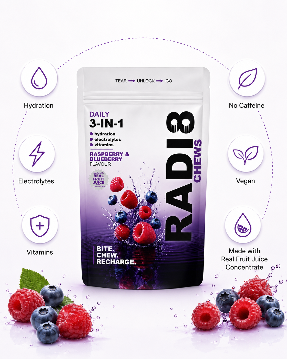 One chew, three jobs: hydration, electrolytes, vitamins, no caffeine, vegan, real fruit juice