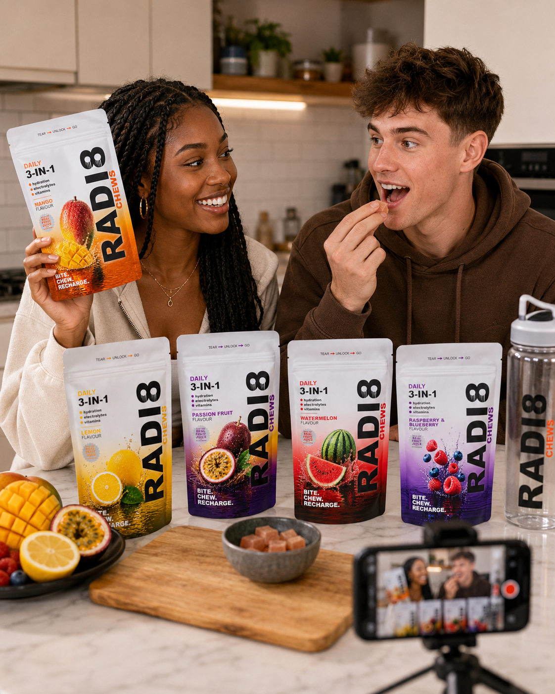 Friends sharing Radi8 chews at the kitchen table