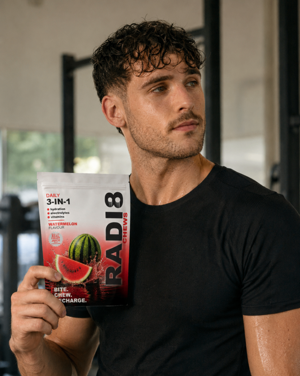 Radi8 Chews pouch in a gym bag