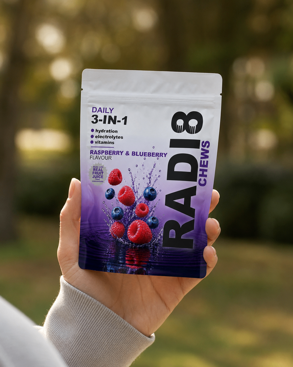 Raspberry & Blueberry pouch out on a walk